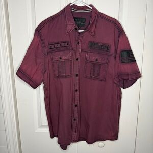 Affliction Live Fast Grunge Button Up Size Large Burnt Maroon Rusk 90s Distress